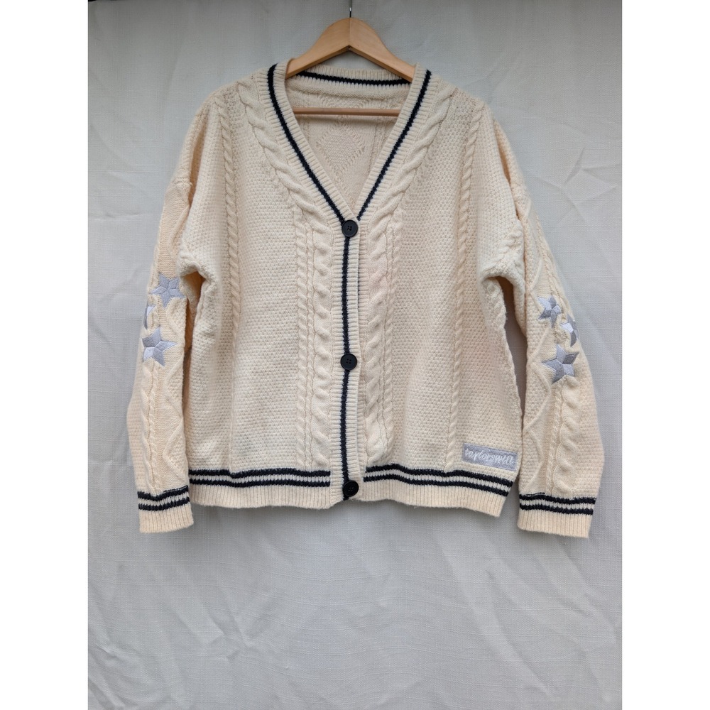 Taylor Swift OG Folklore Cardigan Womens‎ XL Cream Silver Stars Patch Eras Tour